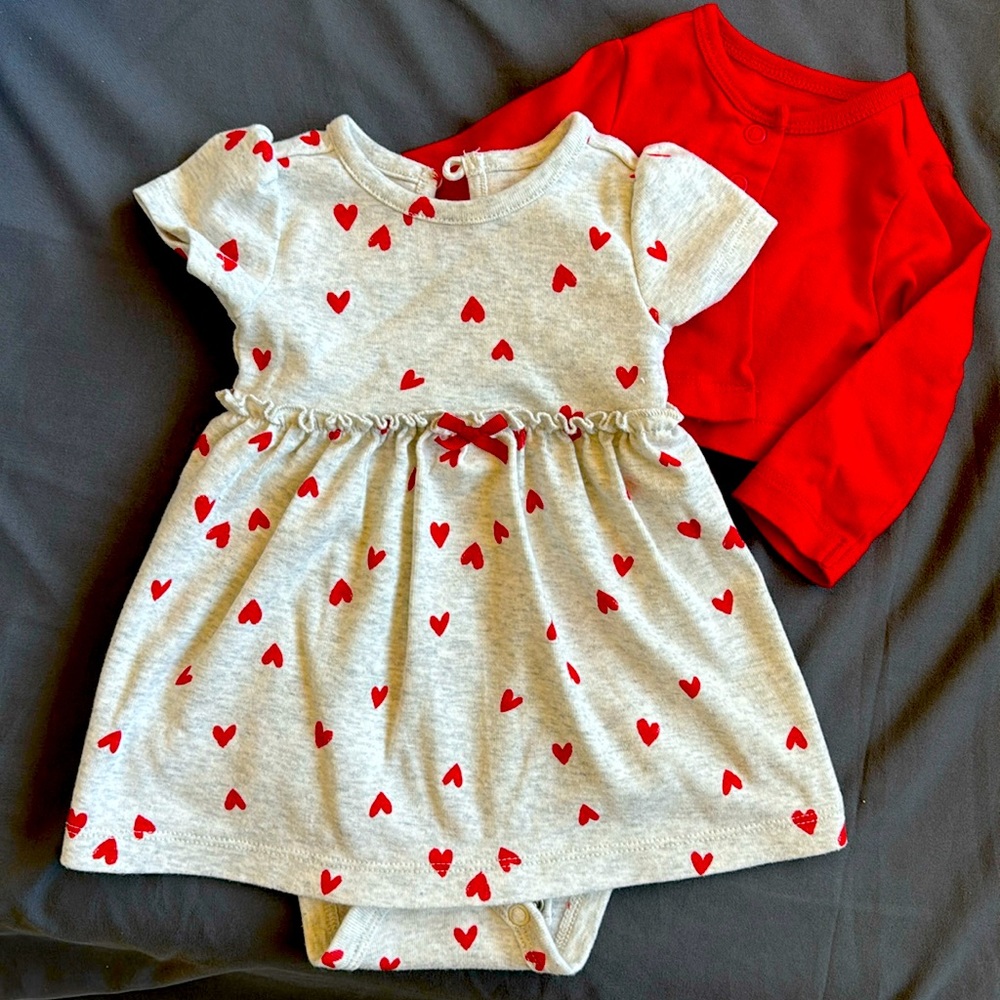 Carter’s Red Heart Short Sleeve Bodysuit Dress with Red Cartigan
